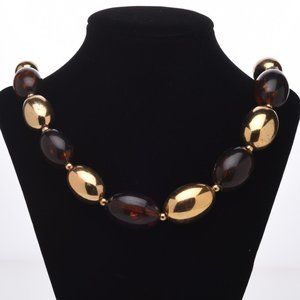 Dark Faux Amber And Gold Tone Bead Necklace